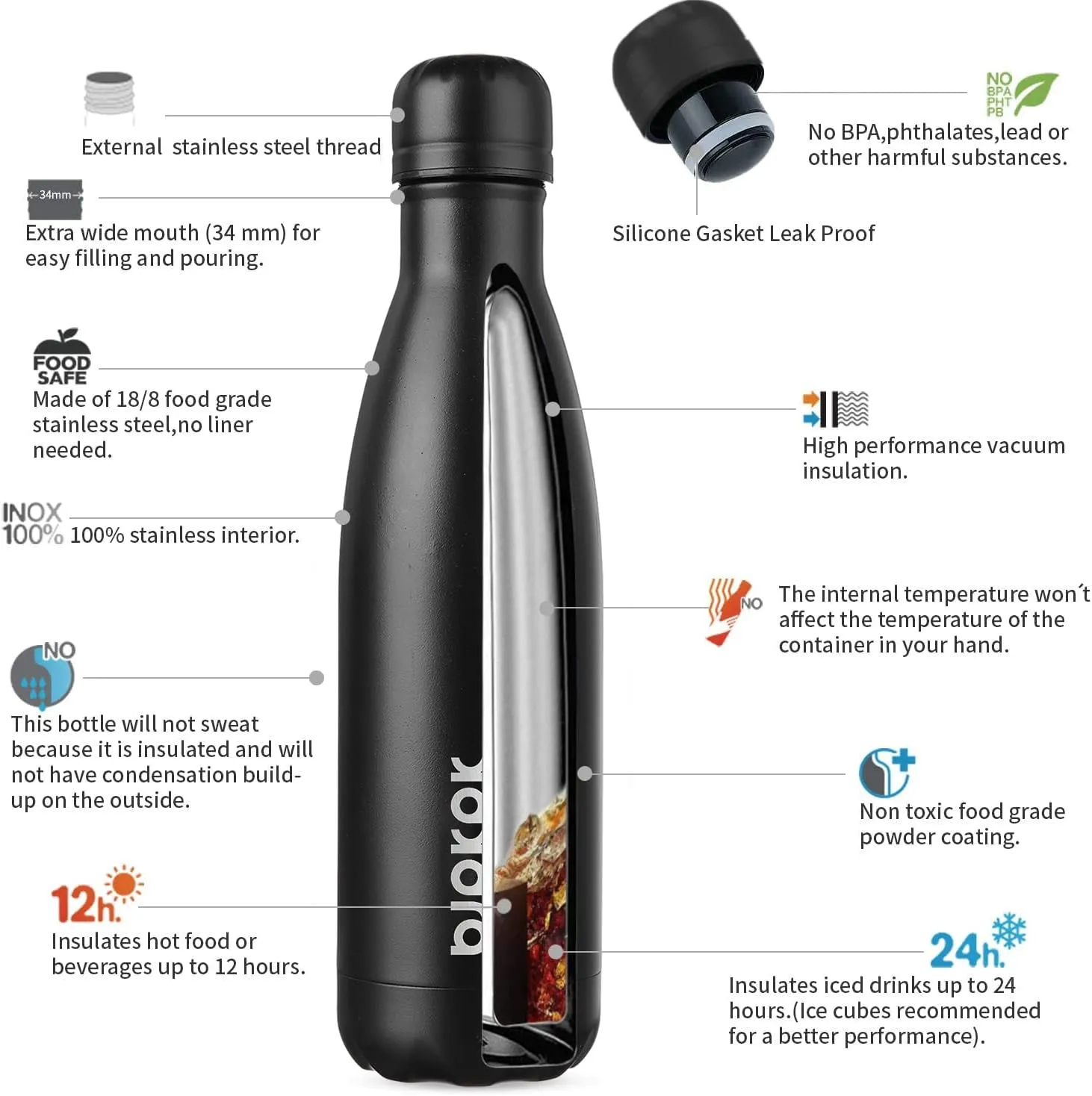 BJPKPK Insulated 17oz Stainless Steel Water Bottles, Sports Water Bottles Keep Cold for 24 Hours and Hot for 12 Hours,Midnight Black
