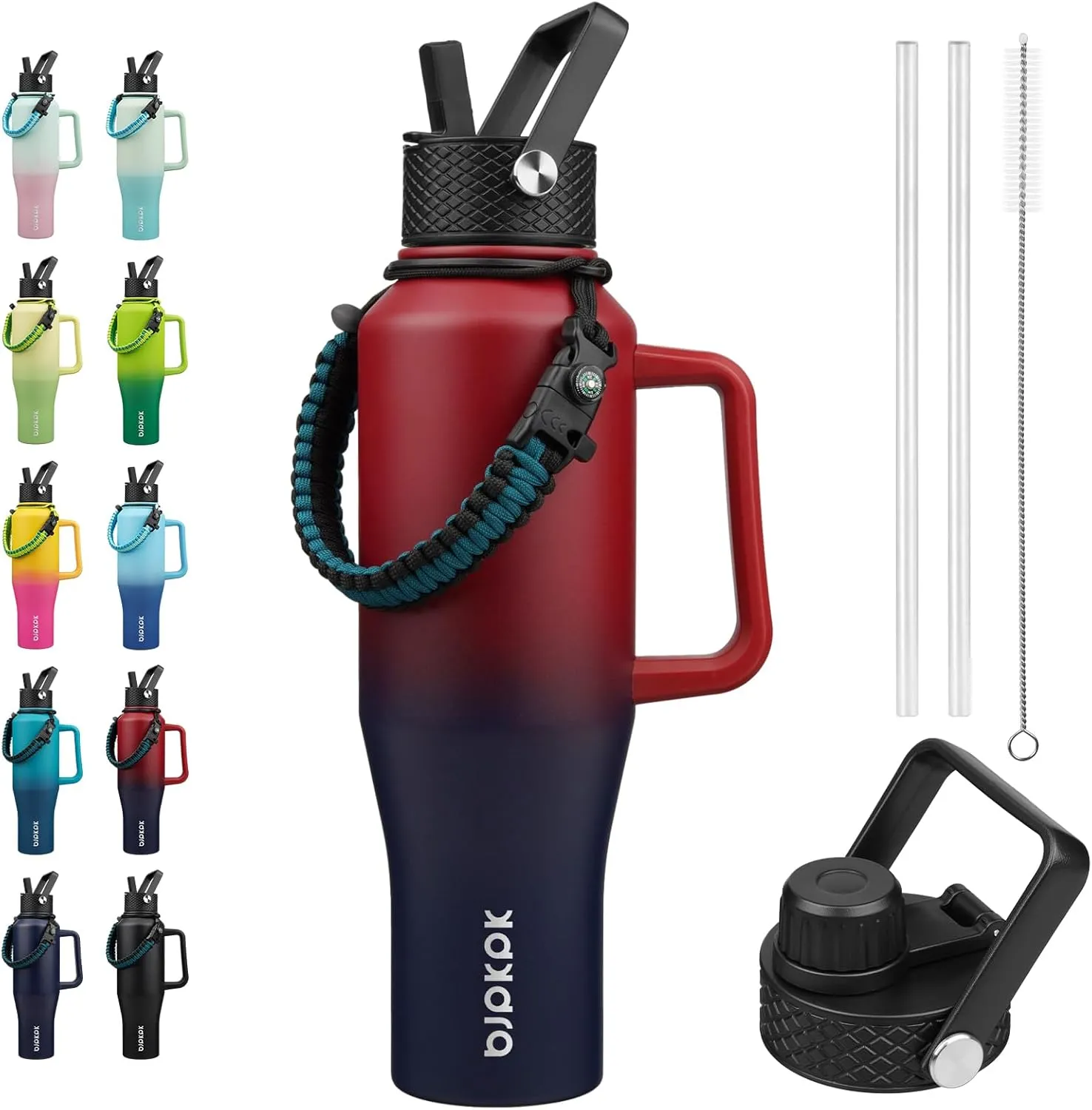 BJPKPK Insulated Water Bottles with Straw Lid, 40oz Metal Water Bottle with 2 lids & Paracord Strap, Double Wall Stainless Steel Tumbler with Handle, Reusable Cups, Mugs, Thermos, Charming Red