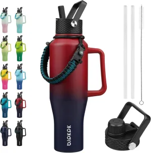 BJPKPK Insulated Water Bottles with Straw Lid, 40oz Metal Water Bottle with 2 lids & Paracord Strap, Double Wall Stainless Steel Tumbler with Handle, Reusable Cups, Mugs, Thermos, Charming Red
