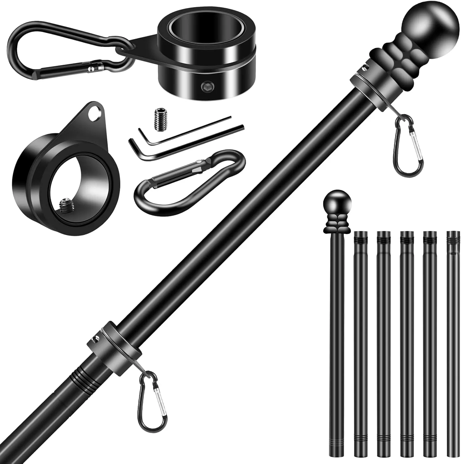 Black Flag Pole Kit for Outside House Porch, 7 FT Thickened Stainless Steel Wall Mount Flag Pole for 3x5'/4x6' American Flag, 1" Anti-Wrap Spinning Flagpole Rings (7 FT - No Bracket - Black)