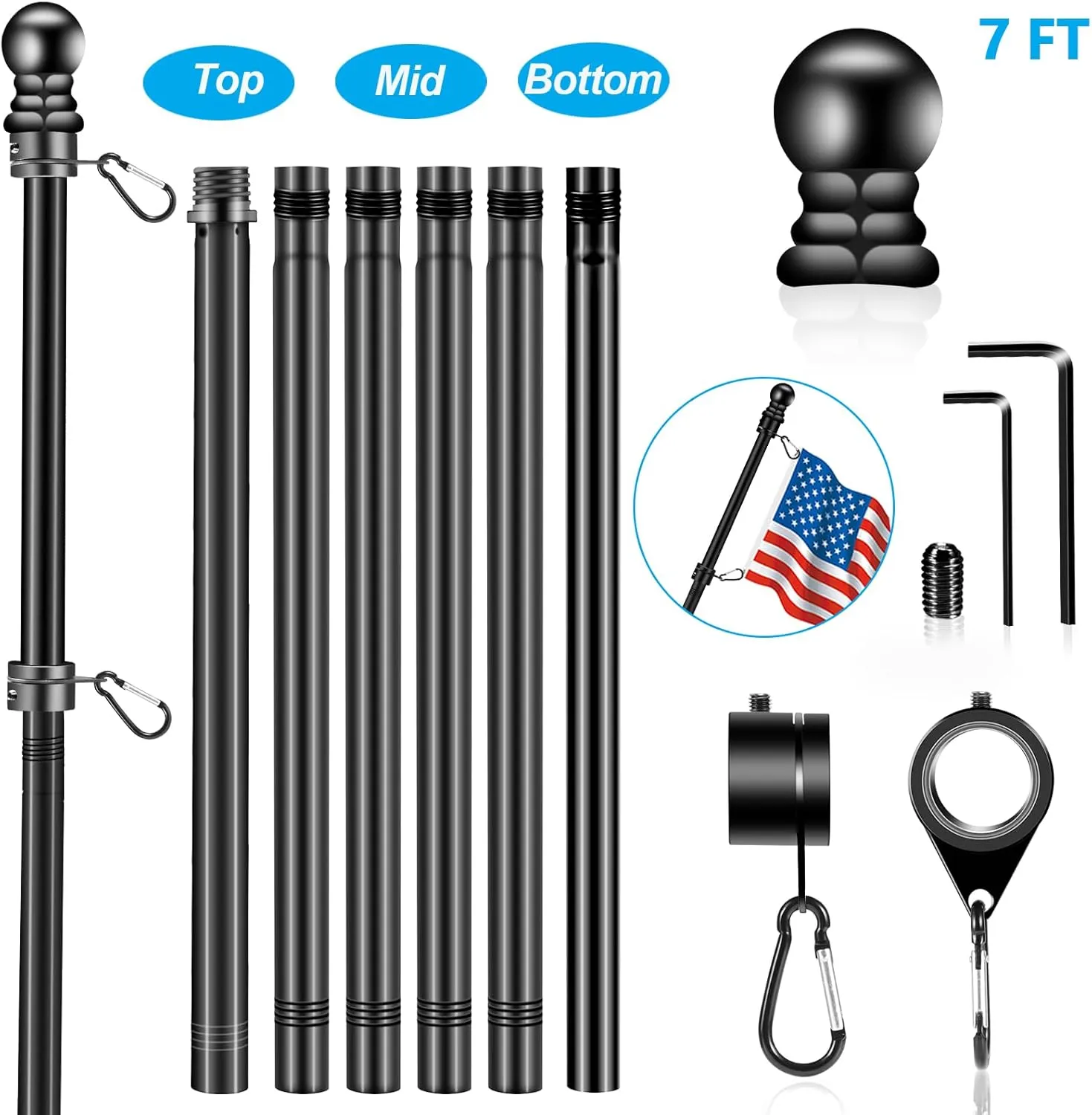 Black Flag Pole Kit for Outside House Porch, 7 FT Thickened Stainless Steel Wall Mount Flag Pole for 3x5'/4x6' American Flag, 1" Anti-Wrap Spinning Flagpole Rings (7 FT - No Bracket - Black)