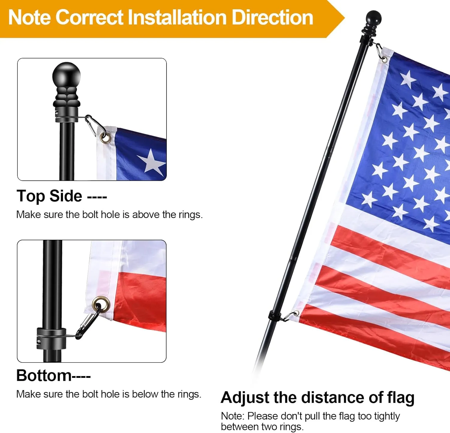 Black Flag Pole Kit for Outside House Porch, 7 FT Thickened Stainless Steel Wall Mount Flag Pole for 3x5'/4x6' American Flag, 1" Anti-Wrap Spinning Flagpole Rings (7 FT - No Bracket - Black)