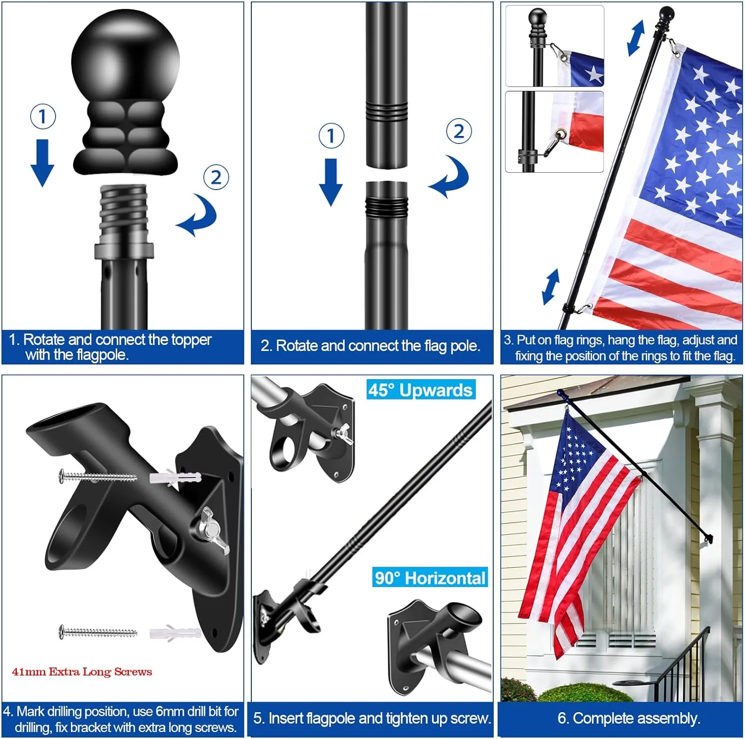 Black Flag Pole Kit for Outside House Porch, 7 FT Thickened Stainless Steel Wall Mount Flag Pole for 3x5'/4x6' American Flag, 1" Anti-Wrap Spinning Flagpole Rings (7 FT - No Bracket - Black)