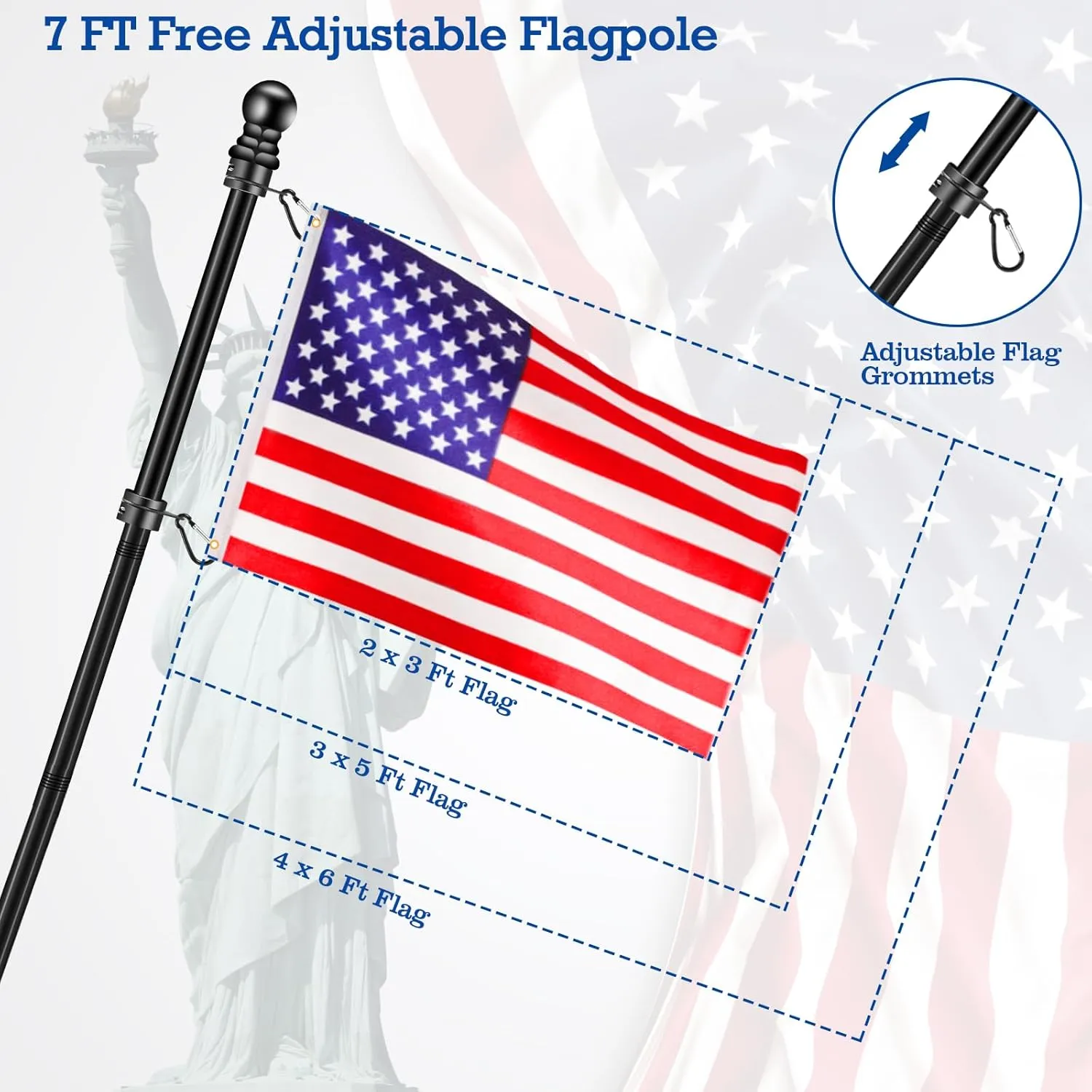 Black Flag Pole Kit for Outside House Porch, 7 FT Thickened Stainless Steel Wall Mount Flag Pole for 3x5'/4x6' American Flag, 1" Anti-Wrap Spinning Flagpole Rings (7 FT - No Bracket - Black)