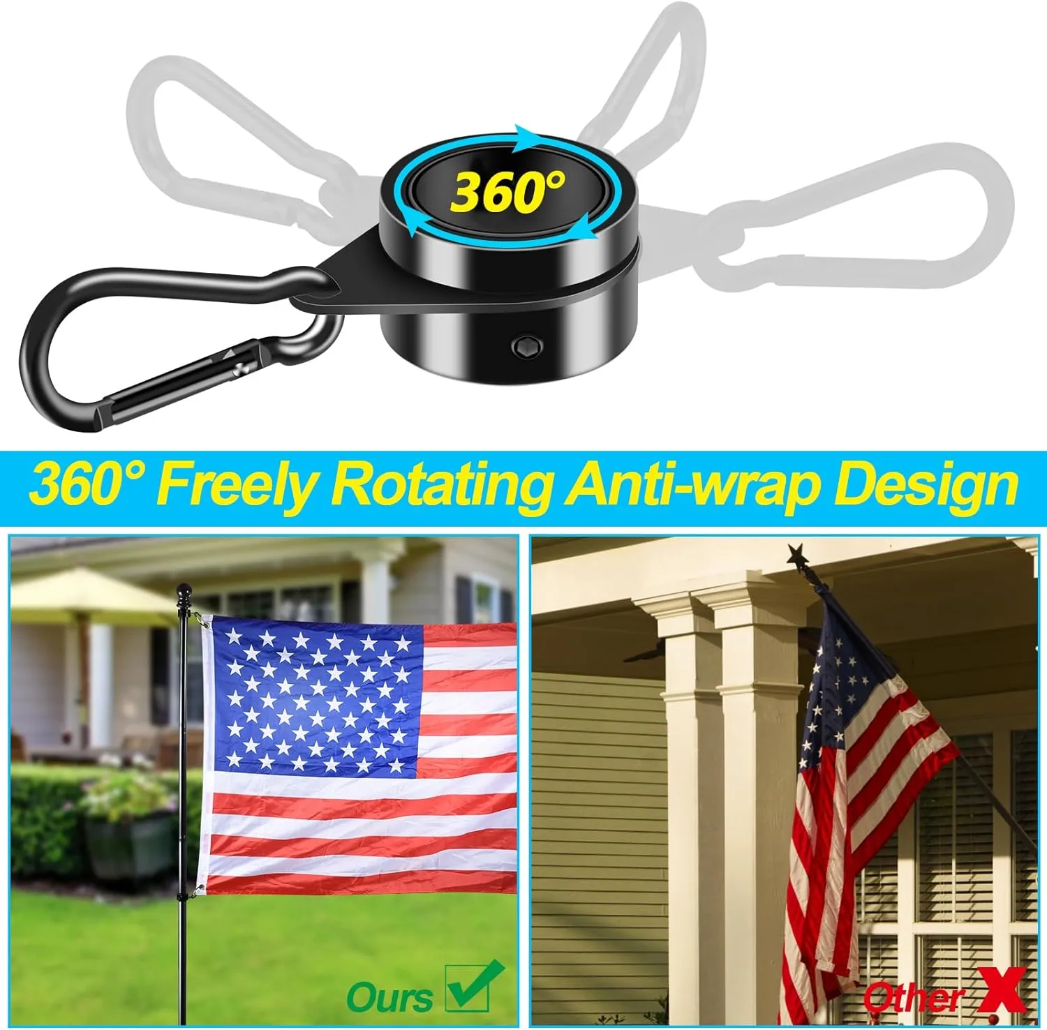 Black Flag Pole Kit for Outside House Porch, 7 FT Thickened Stainless Steel Wall Mount Flag Pole for 3x5'/4x6' American Flag, 1" Anti-Wrap Spinning Flagpole Rings (7 FT - No Bracket - Black)