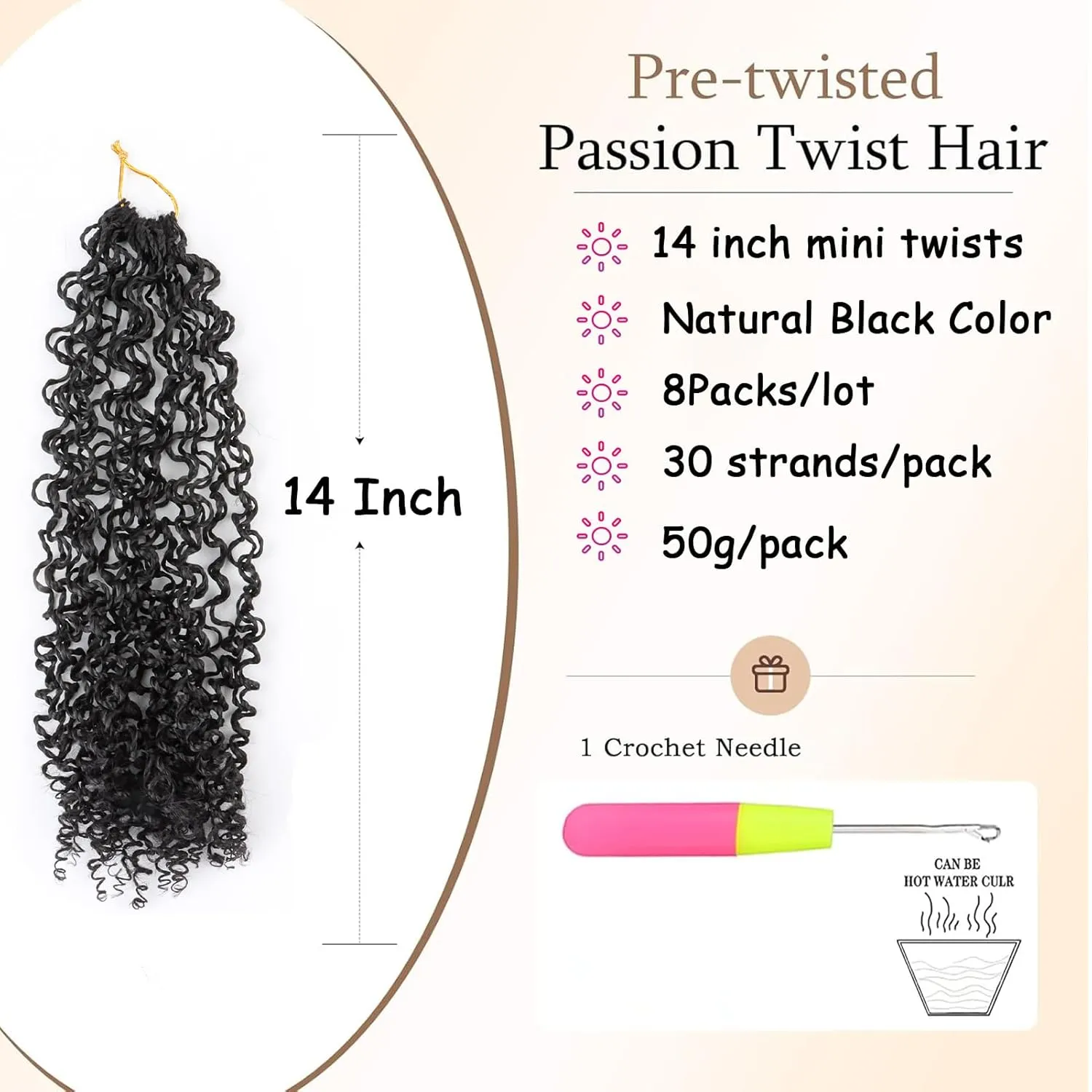 Black Yanky Twist Crochet Hair 14 Inch 8 Packs Passion Twist Crochet Braids 30 Strands/Pcs Bohemian Spring Twists Hair Short Senegalese Twist Crochet Hair Extensions For Black Women (1B#)