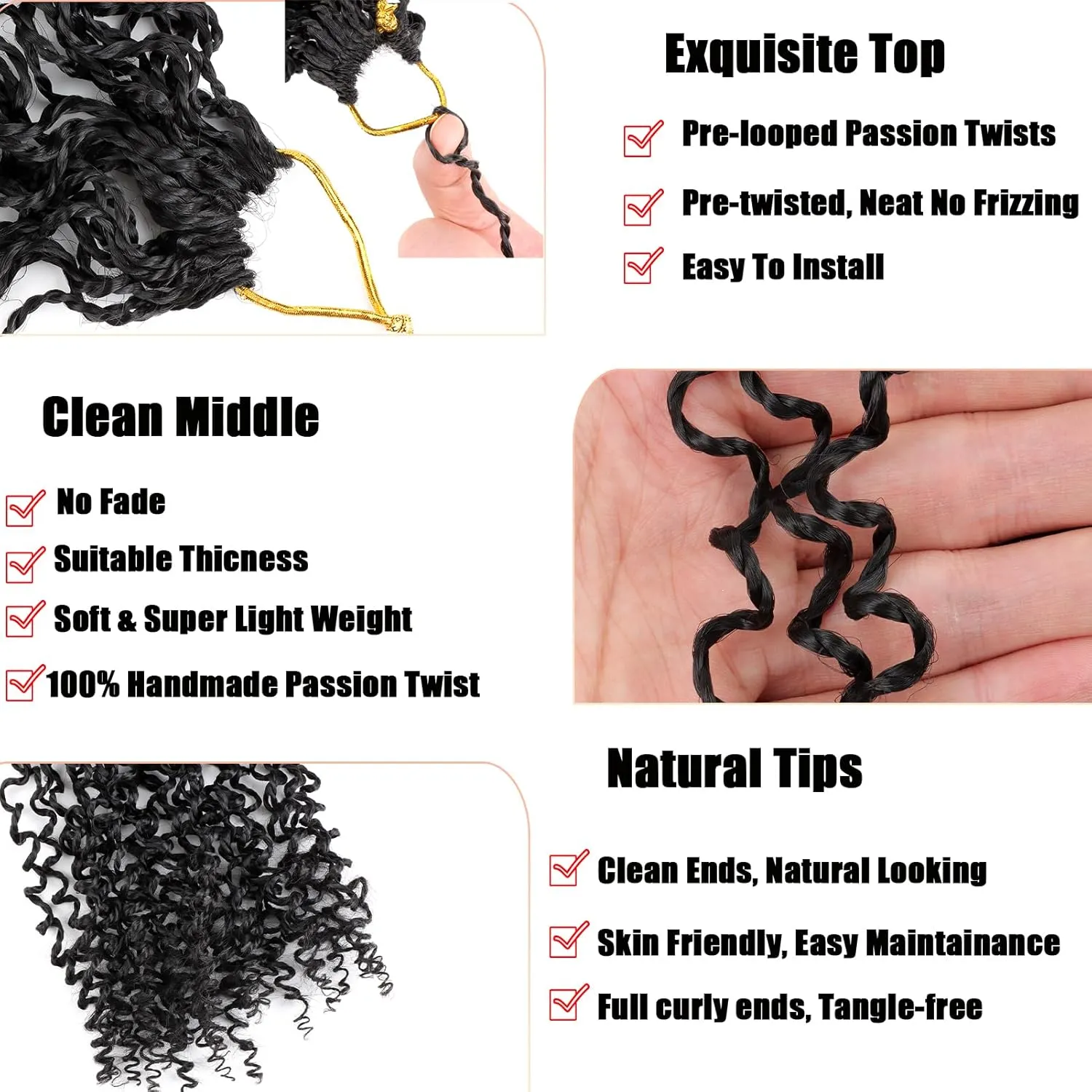 Black Yanky Twist Crochet Hair 14 Inch 8 Packs Passion Twist Crochet Braids 30 Strands/Pcs Bohemian Spring Twists Hair Short Senegalese Twist Crochet Hair Extensions For Black Women (1B#)