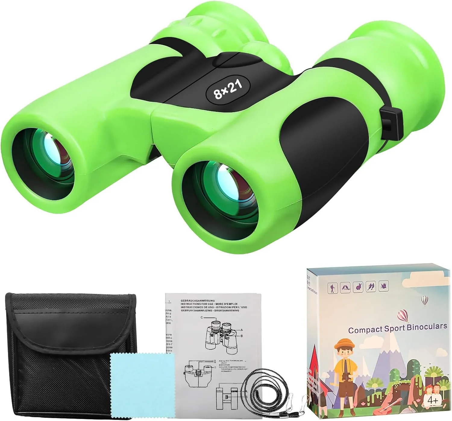 BLACKICE Binoculars for Kids, High-Resolution 8x21, Kids Binoculars Gift Set for Boys & Girls, Shockproof & Compact for Bird Watching, Travel, Hiking, Camping, Hunting, Children Outdoor Gear (Green)