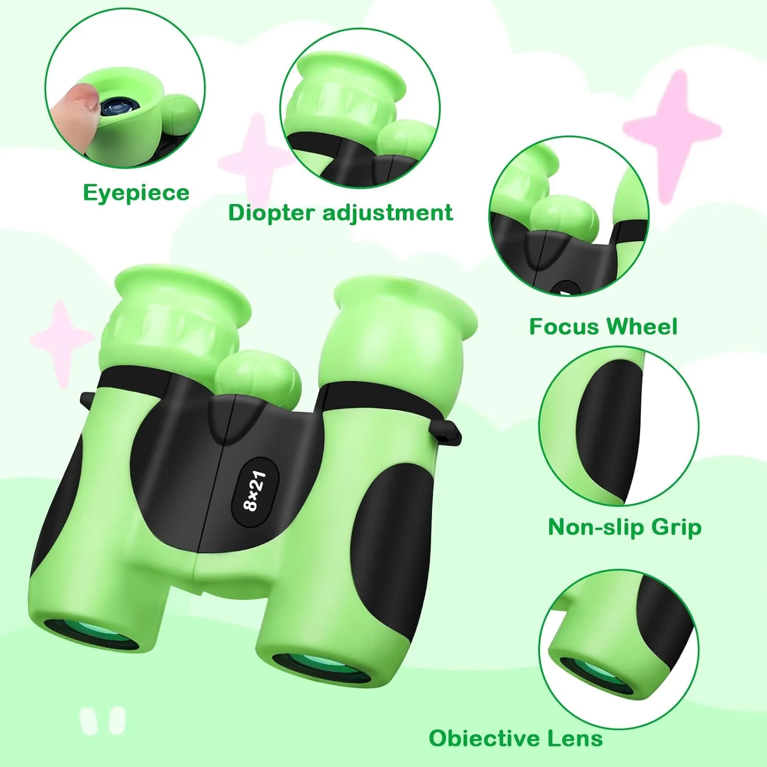 BLACKICE Binoculars for Kids, High-Resolution 8x21, Kids Binoculars Gift Set for Boys & Girls, Shockproof & Compact for Bird Watching, Travel, Hiking, Camping, Hunting, Children Outdoor Gear (Green)