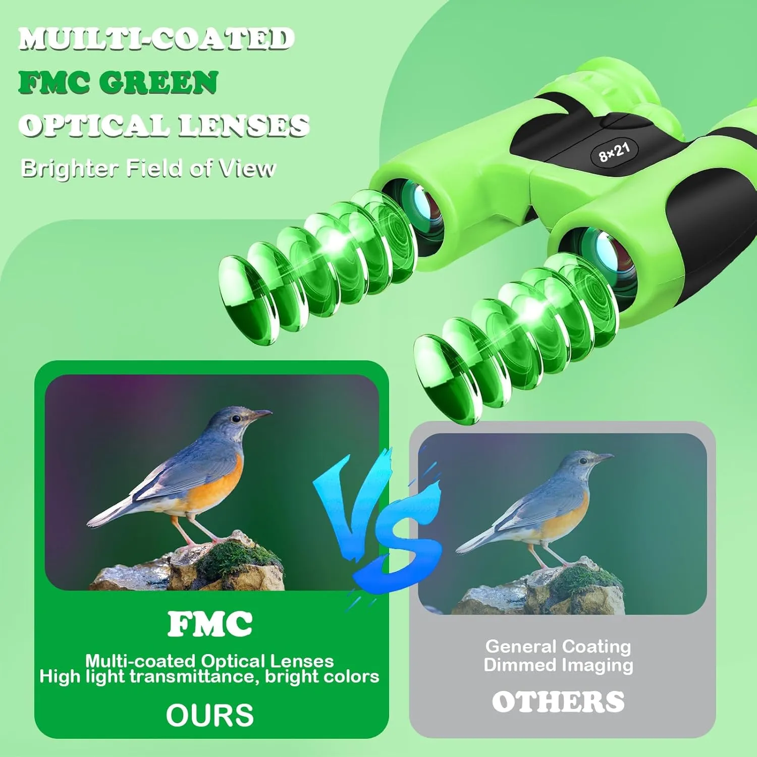BLACKICE Binoculars for Kids, High-Resolution 8x21, Kids Binoculars Gift Set for Boys & Girls, Shockproof & Compact for Bird Watching, Travel, Hiking, Camping, Hunting, Children Outdoor Gear (Green)