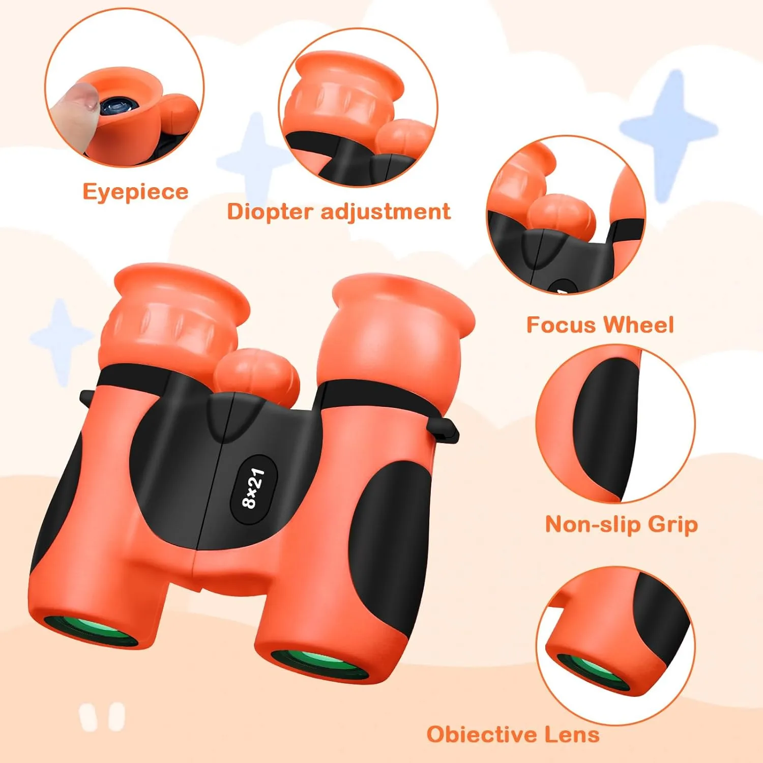 BLACKICE Binoculars for Kids, High-Resolution 8x21, Kids Binoculars Gift Set for Boys & Girls, Shockproof & Compact for Bird Watching, Travel, Hiking, Camping, Hunting, Children Outdoor Gear(Orange)