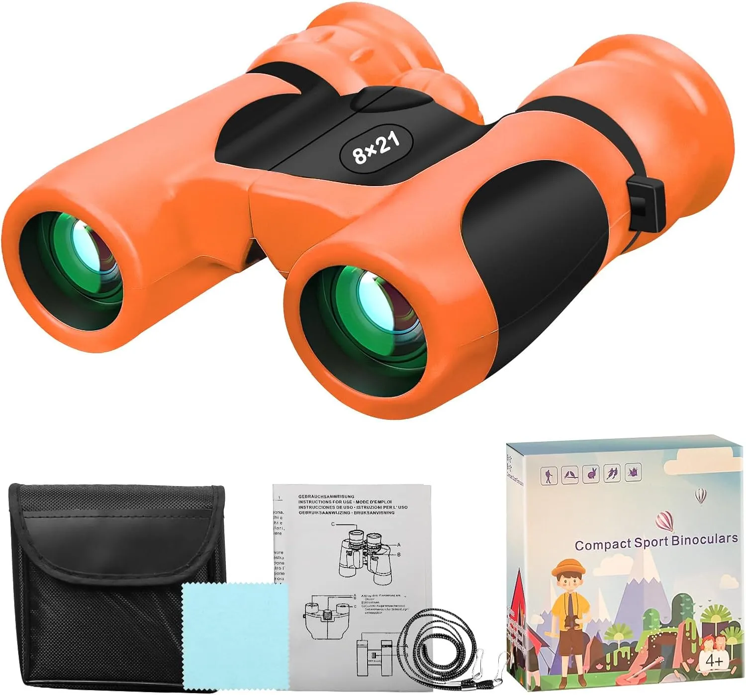 BLACKICE Binoculars for Kids, High-Resolution 8x21, Kids Binoculars Gift Set for Boys & Girls, Shockproof & Compact for Bird Watching, Travel, Hiking, Camping, Hunting, Children Outdoor Gear(Orange)