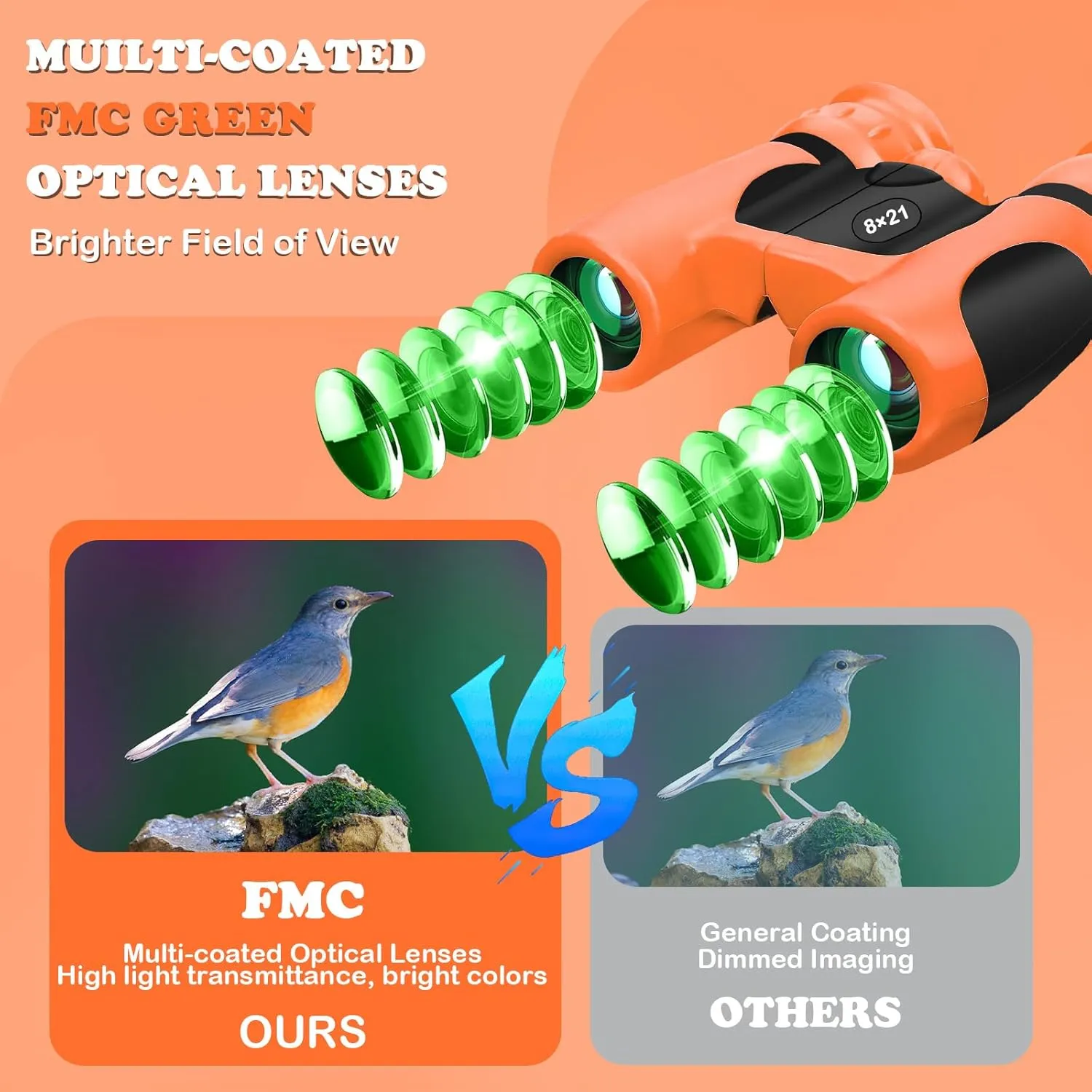 BLACKICE Binoculars for Kids, High-Resolution 8x21, Kids Binoculars Gift Set for Boys & Girls, Shockproof & Compact for Bird Watching, Travel, Hiking, Camping, Hunting, Children Outdoor Gear(Orange)