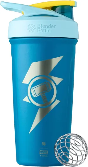 BlenderBottle Marvel Strada Shaker Cup Insulated Stainless Steel Water Bottle with Wire Whisk, 24-Ounce, Thor Hammer