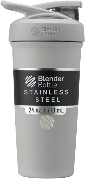 BlenderBottle Strada Shaker Cup Insulated Stainless Steel Water Bottle with Wire Whisk, 24-Ounce, Grey
