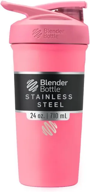 BlenderBottle Strada Shaker Cup Insulated Stainless Steel Water Bottle with Wire Whisk, 24-Ounce, Pink
