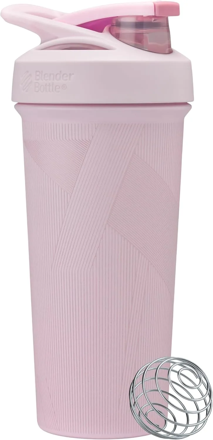 BlenderBottle Strada Shaker Cup Insulated Stainless Steel Water Bottle with Wire Whisk, 25-Ounce, Pink Stripes