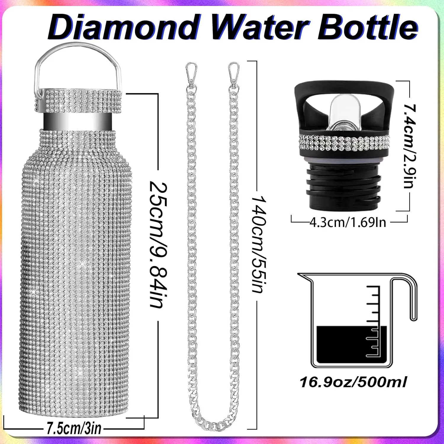 Bling Water Bottle Rhinestone,Diamond Water Bottle,Glitter Rhinestones Stainless Steel Thermal Bottle,Bling Cup for Women Girls,Bling Tumblers with 2 Style lids and 55in Chain (Silver)