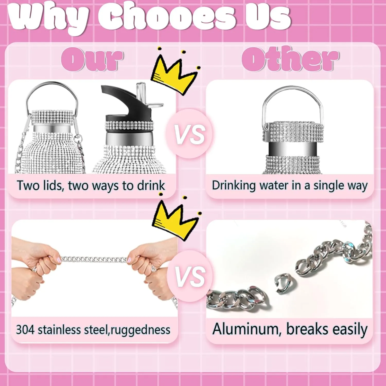 Bling Water Bottle Rhinestone,Diamond Water Bottle,Glitter Rhinestones Stainless Steel Thermal Bottle,Bling Cup for Women Girls,Bling Tumblers with 2 Style lids and 55in Chain (Silver)