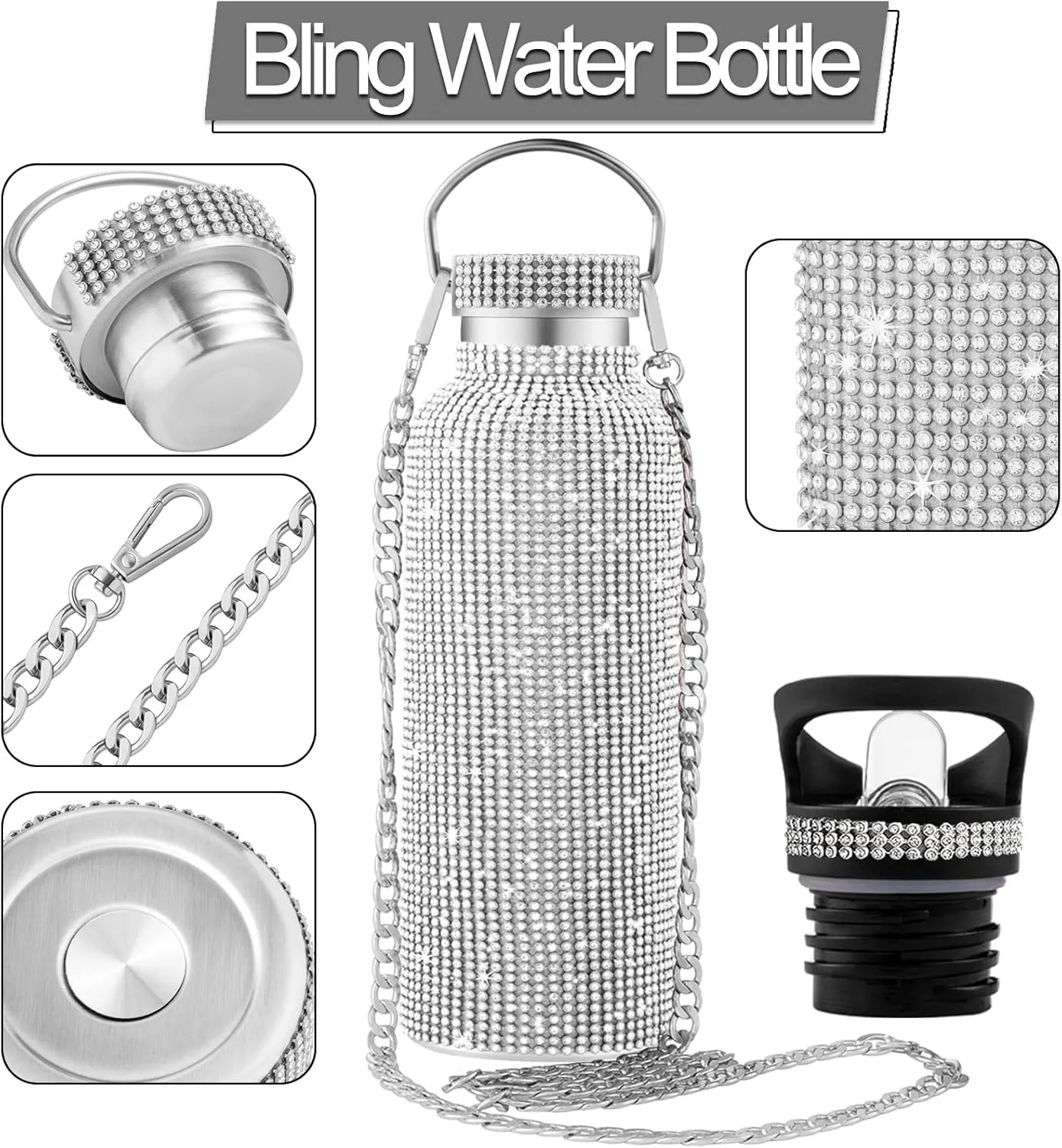 Bling Water Bottle Rhinestone,Diamond Water Bottle,Glitter Rhinestones Stainless Steel Thermal Bottle,Bling Cup for Women Girls,Bling Tumblers with 2 Style lids and 55in Chain (Silver)