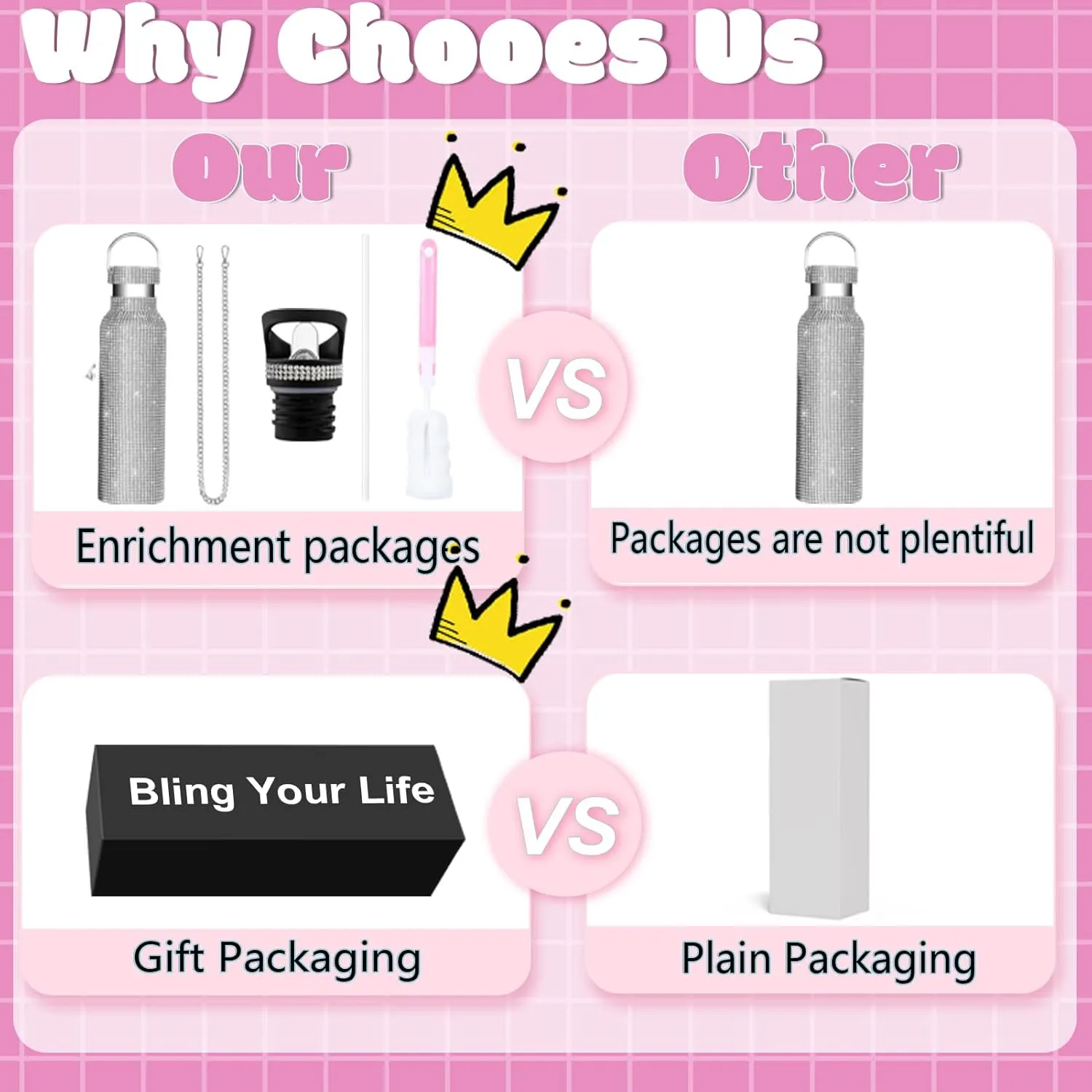 Bling Water Bottle Rhinestone,Diamond Water Bottle,Glitter Rhinestones Stainless Steel Thermal Bottle,Bling Cup for Women Girls,Bling Tumblers with 2 Style lids and 55in Chain (Silver)