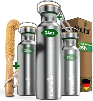 Blockhuette Vacuum Insulated Stainless Steel Water Bottle I 34 oz I Wide Mouth Insulated Metal Bottle for Cold Drinks I BPA-Free I Perfect for Travel, School, Kids, Adults, Water Canteen