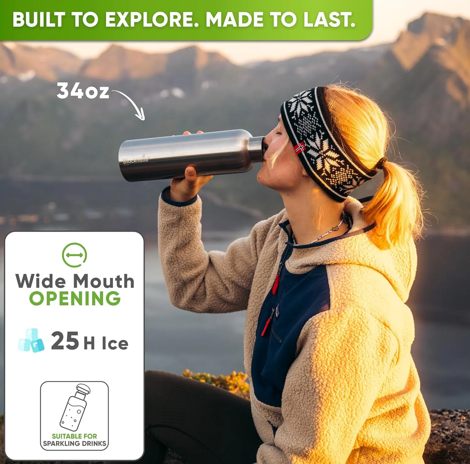 Blockhuette Vacuum Insulated Stainless Steel Water Bottle I 34 oz I Wide Mouth Insulated Metal Bottle for Cold Drinks I BPA-Free I Perfect for Travel, School, Kids, Adults, Water Canteen