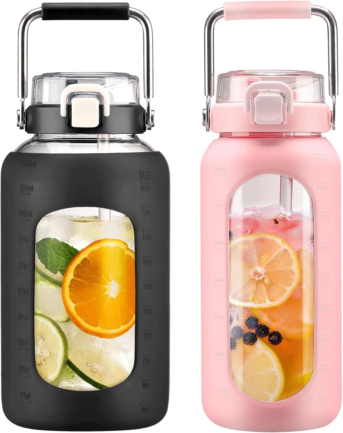 BLUEGO 84oz and 64oz Glass Water Bottles Bundle(84 Black   64 Pink) with Straw and Stainless Steel Handle, Large Water Bottle with Sleeve, Half Gallon Water Jug, Glass Water Container, BPA Free