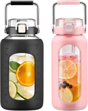 BLUEGO 84oz and 64oz Glass Water Bottles Bundle(84 Black   64 Pink) with Straw and Stainless Steel Handle, Large Water Bottle with Sleeve, Half Gallon Water Jug, Glass Water Container, BPA Free