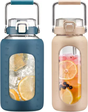 BLUEGO 84oz and 64oz Glass Water Bottles Bundle(84 Dark Blue   64 Amber) with Straw and Stainless Steel Handle, Large Water Bottle with Sleeve, Half Gallon Water Jug, Glass Water Container, BPA Free