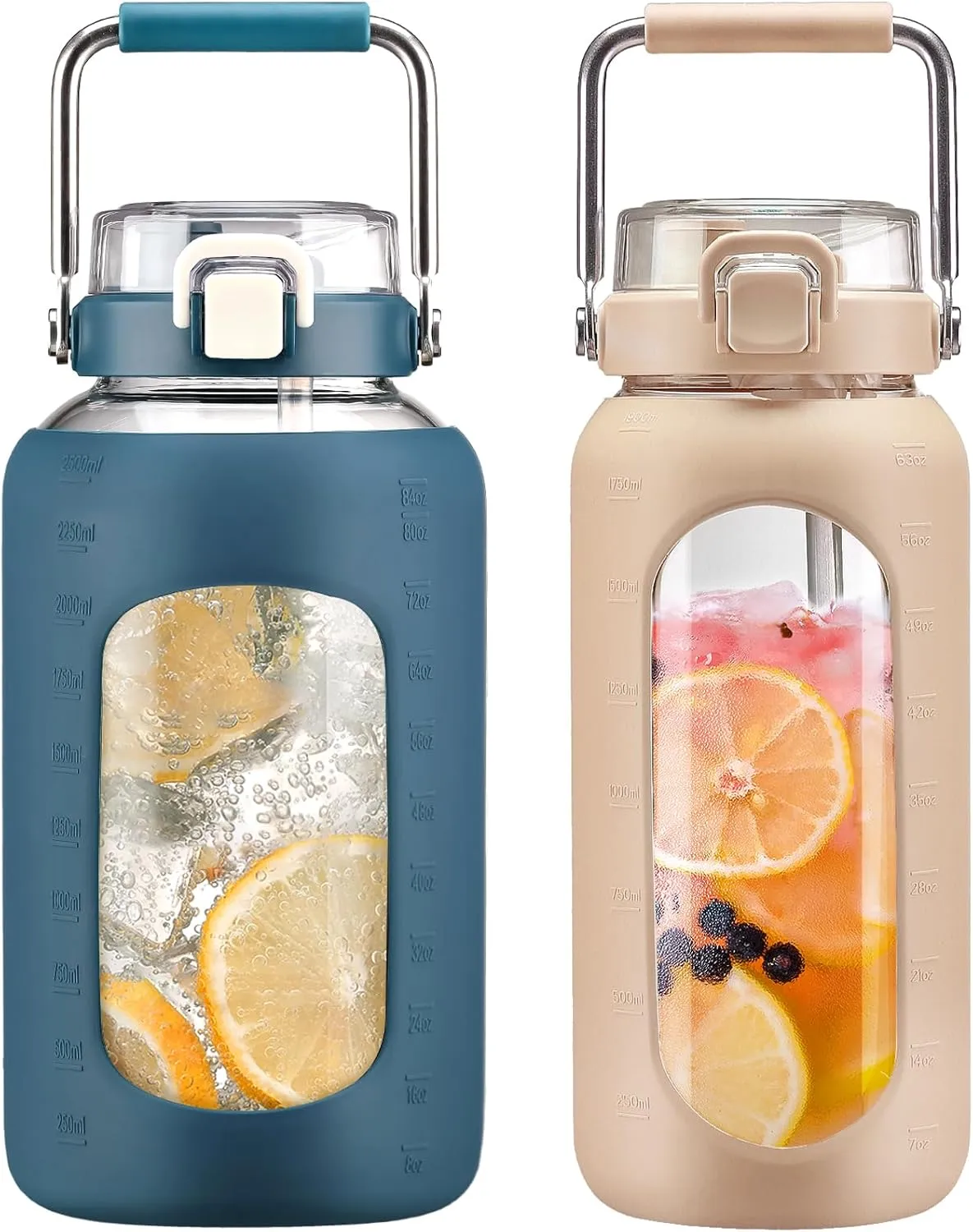 BLUEGO 84oz and 64oz Glass Water Bottles Bundle(84 Dark Blue   64 Amber) with Straw and Stainless Steel Handle, Large Water Bottle with Sleeve, Half Gallon Water Jug, Glass Water Container, BPA Free