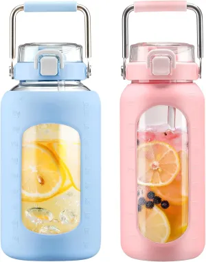 BLUEGO 84oz and 64oz Glass Water Bottles Bundle(84 Light Blue   64 Pink) with Straw and Stainless Steel Handle, Large Water Bottle with Sleeve, Half Gallon Water Jug, Glass Water Container, BPA Free