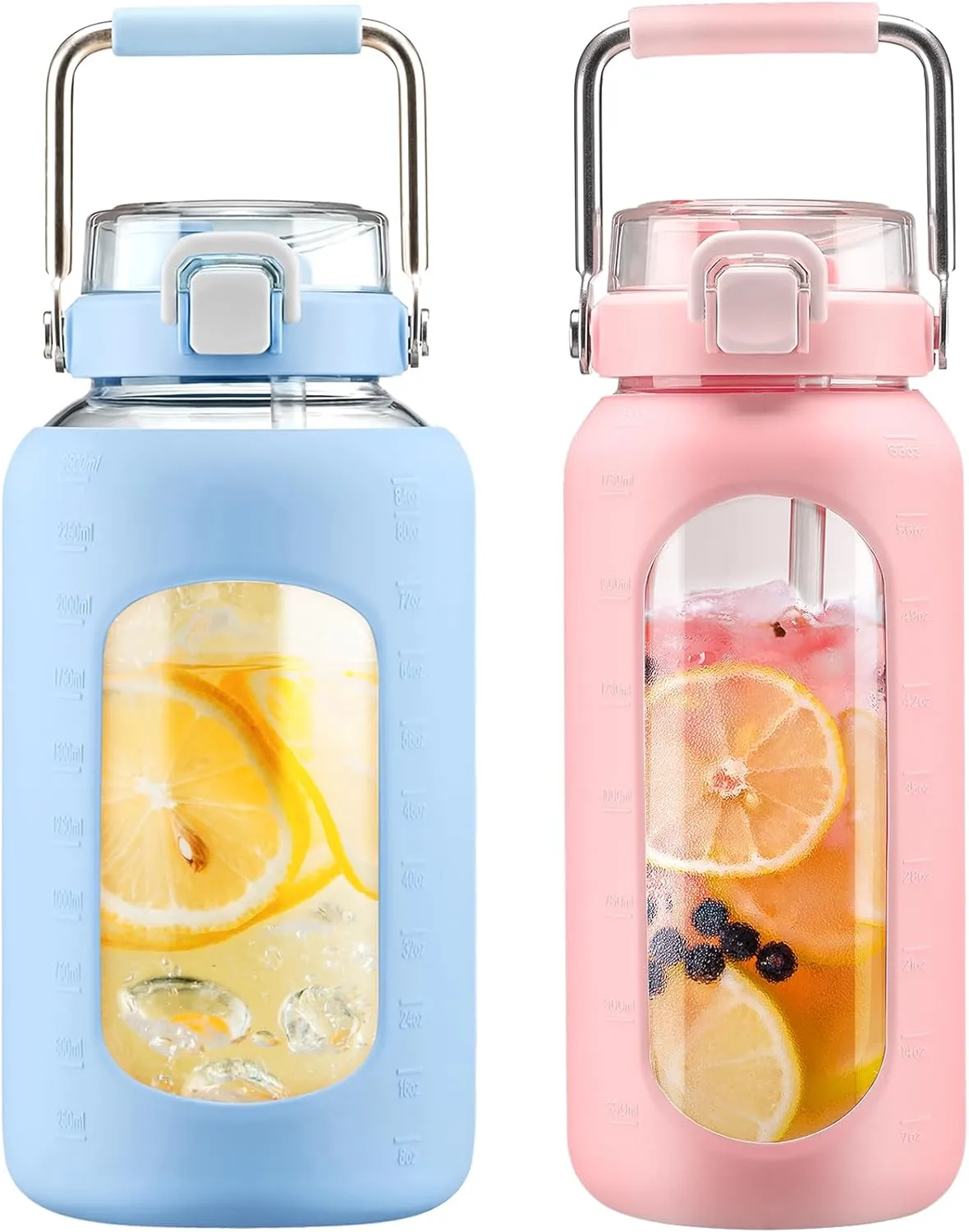 BLUEGO 84oz and 64oz Glass Water Bottles Bundle(84 Light Blue   64 Pink) with Straw and Stainless Steel Handle, Large Water Bottle with Sleeve, Half Gallon Water Jug, Glass Water Container, BPA Free