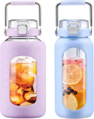 BLUEGO 84oz and 64oz Glass Water Bottles Bundle(84 Purple   64 Light Blue) with Straw and Stainless Steel Handle, Large Water Bottle with Sleeve, Half Gallon Water Jug, Glass Water Container, BPA Free