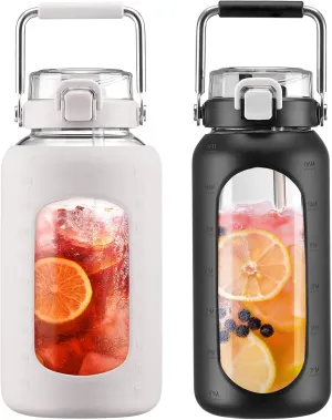 BLUEGO 84oz and 64oz Glass Water Bottles Bundle(84 White   64 Black) with Straw and Stainless Steel Handle, Large Water Bottle with Sleeve, Half Gallon Water Jug, Glass Water Container, BPA Free