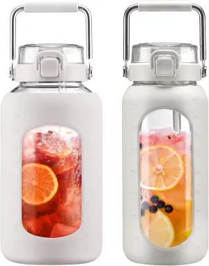 BLUEGO 84oz and 64oz Glass Water Bottles Bundle(84 White   64 White) with Straw and Stainless Steel Handle, Large Water Bottle with Sleeve, Half Gallon Water Jug, Glass Water Container, BPA Free