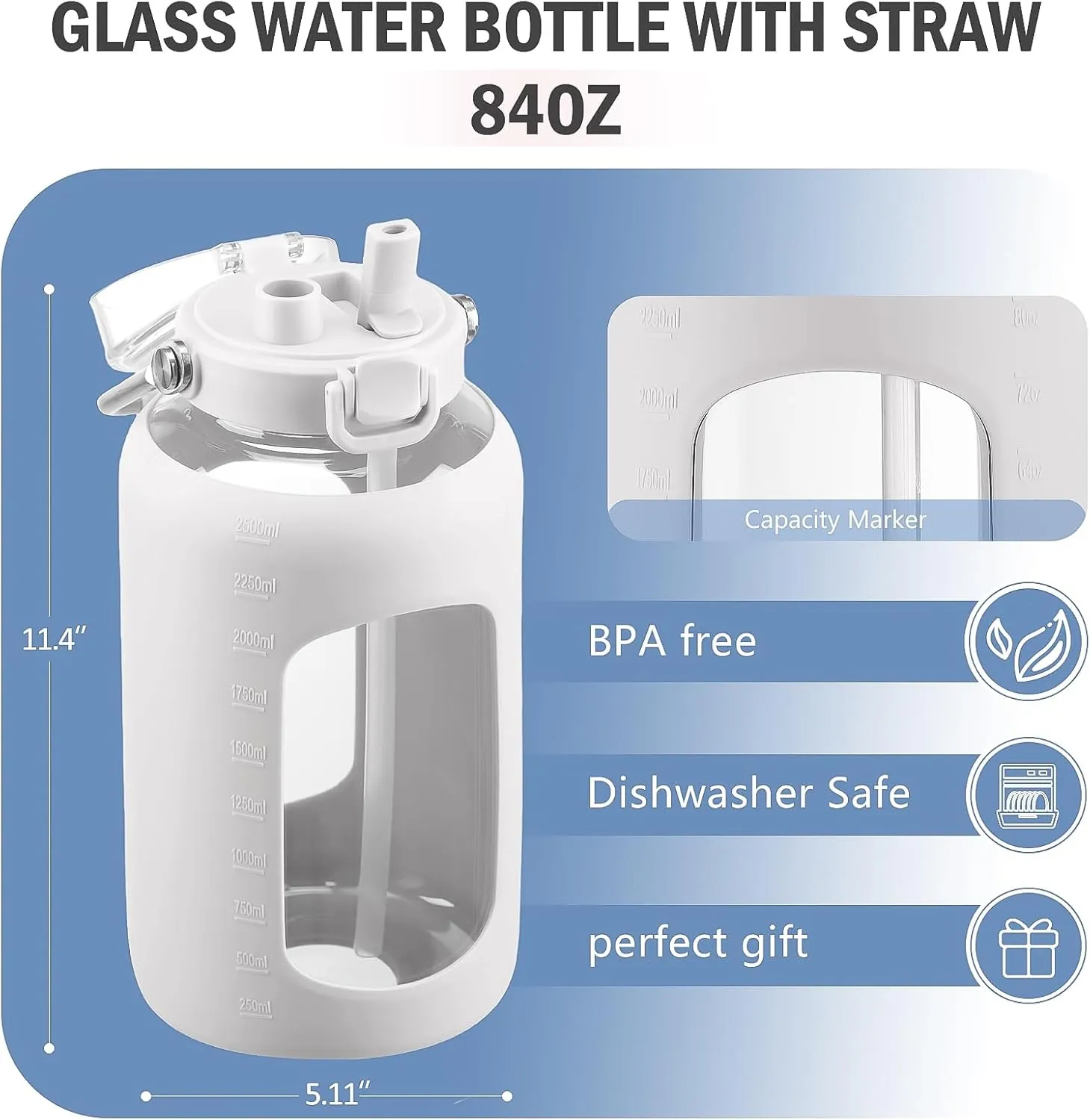 BLUEGO 84oz Water Bottle Glass with Stainless Steel Handle Large Water Bottle with Time Markers and Silicone Sleeve Half Gallon Water Jug BPA Free for Gym Daily Use, White