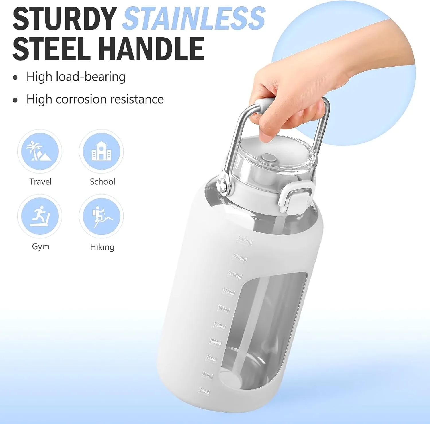 BLUEGO 84oz Water Bottle Glass with Stainless Steel Handle Large Water Bottle with Time Markers and Silicone Sleeve Half Gallon Water Jug BPA Free for Gym Daily Use, White