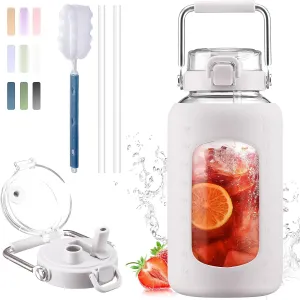 BLUEGO 84oz Water Bottle Glass with Stainless Steel Handle Large Water Bottle with Time Markers and Silicone Sleeve Half Gallon Water Jug BPA Free for Gym Daily Use, White