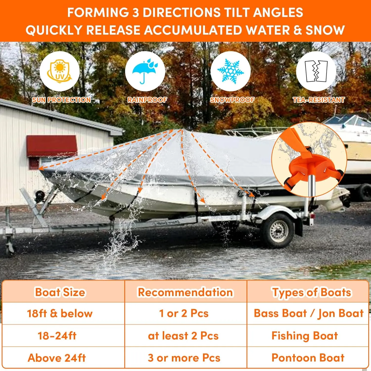 Boat Cover Support Poles Heavy Duty 2 Pack, 16” to 59” Stainless Steel Pontoon Boat Cover Support with Metal Cross Base, Adjustable Strap - Orange