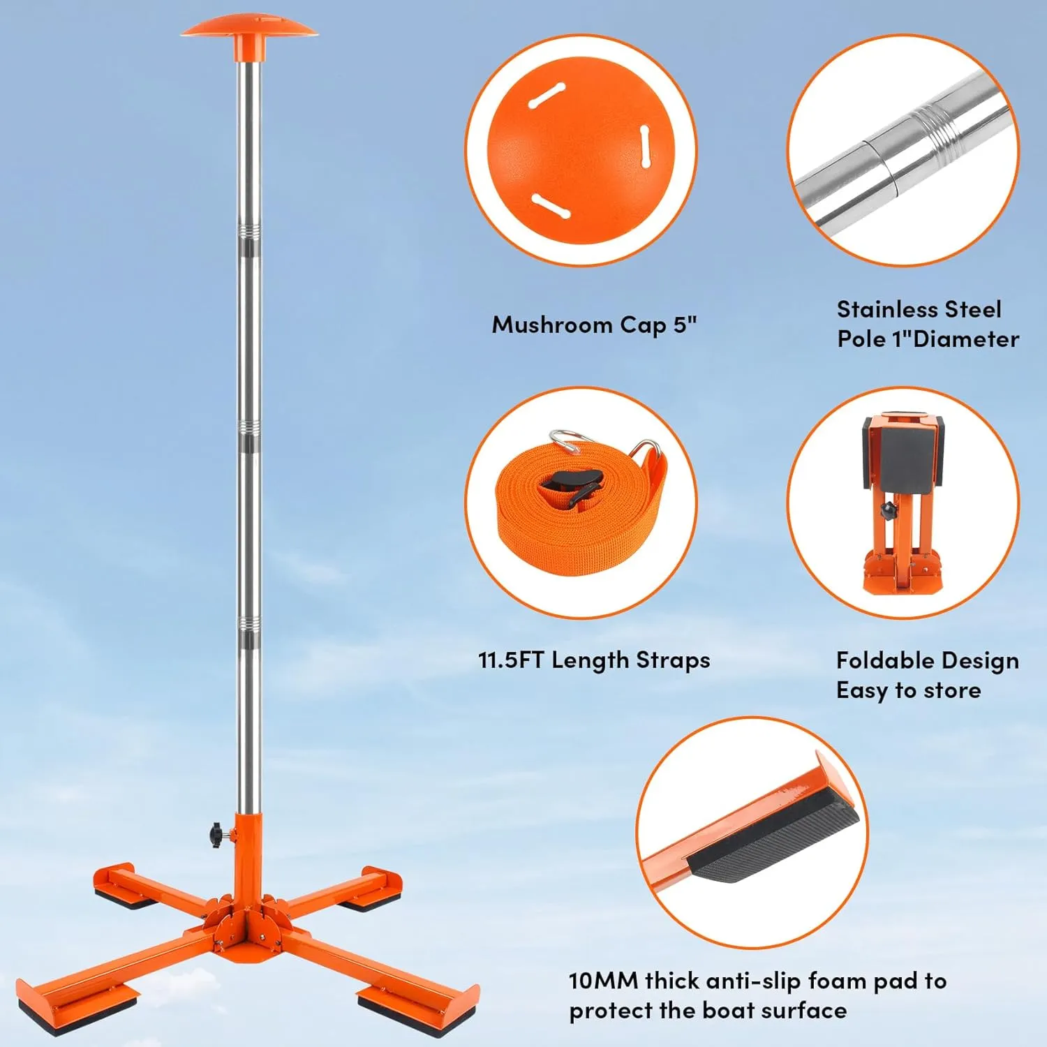 Boat Cover Support Poles Heavy Duty 2 Pack, 16” to 59” Stainless Steel Pontoon Boat Cover Support with Metal Cross Base, Adjustable Strap - Orange