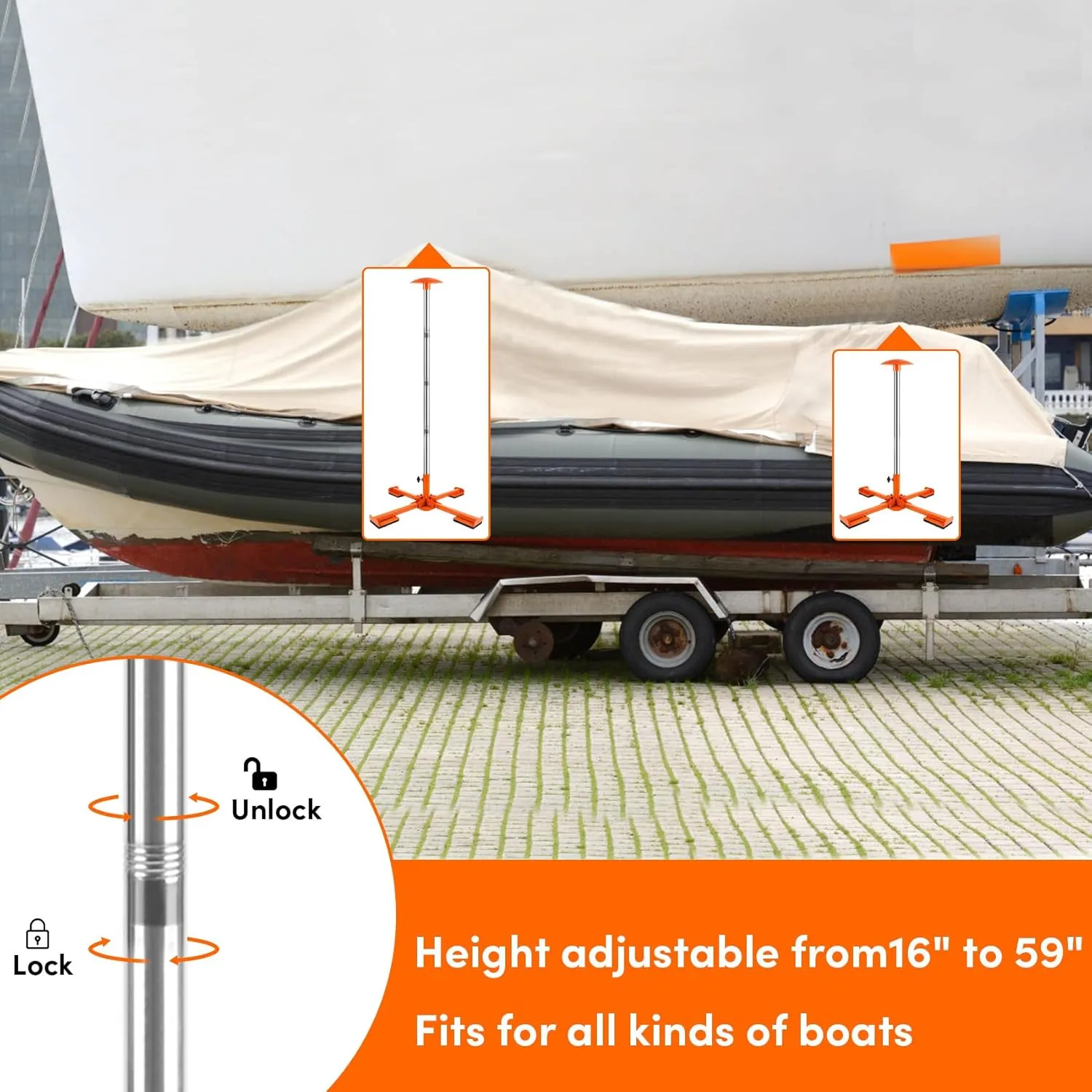 Boat Cover Support Poles Heavy Duty 2 Pack, 16” to 59” Stainless Steel Pontoon Boat Cover Support with Metal Cross Base, Adjustable Strap - Orange