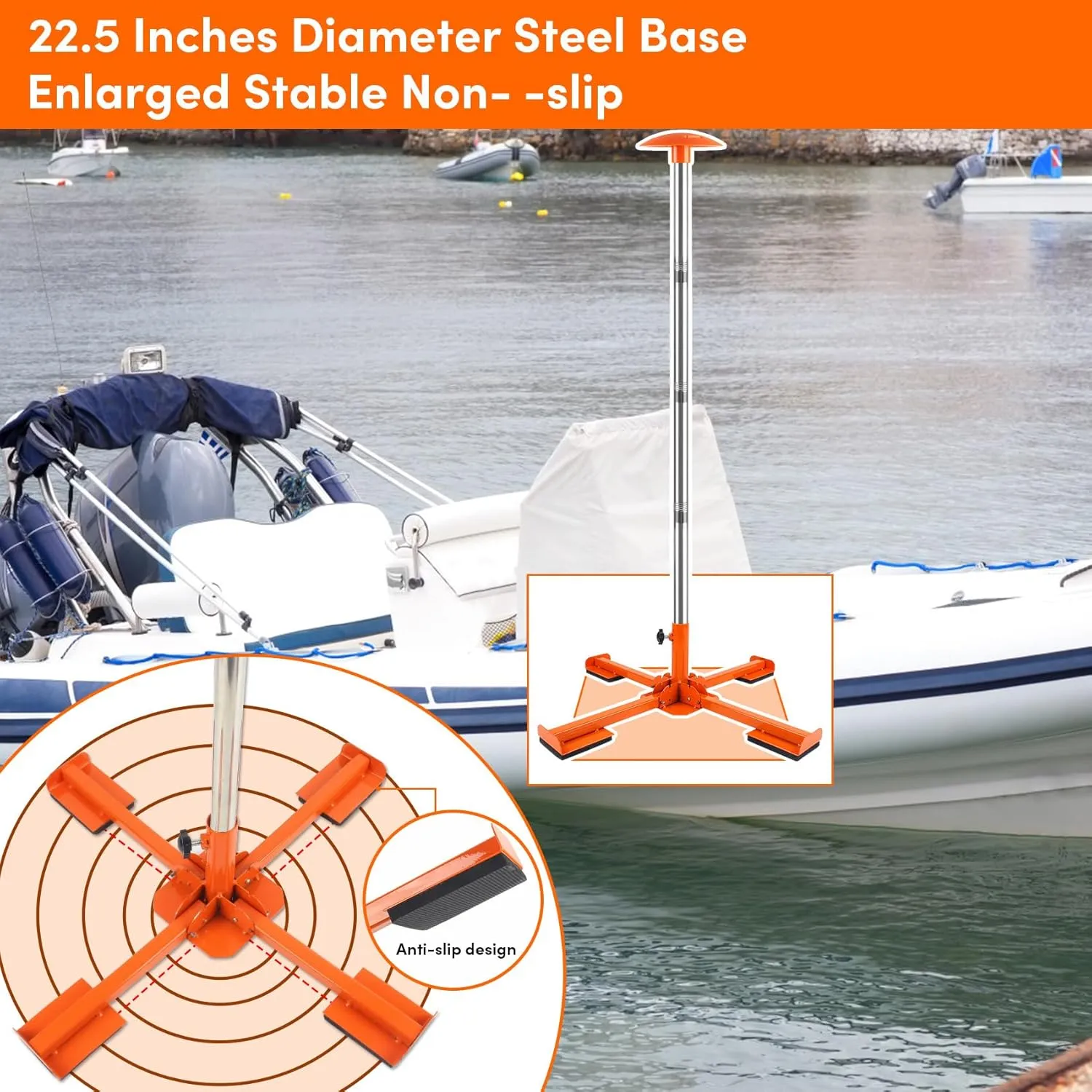 Boat Cover Support Poles Heavy Duty 2 Pack, 16” to 59” Stainless Steel Pontoon Boat Cover Support with Metal Cross Base, Adjustable Strap - Orange