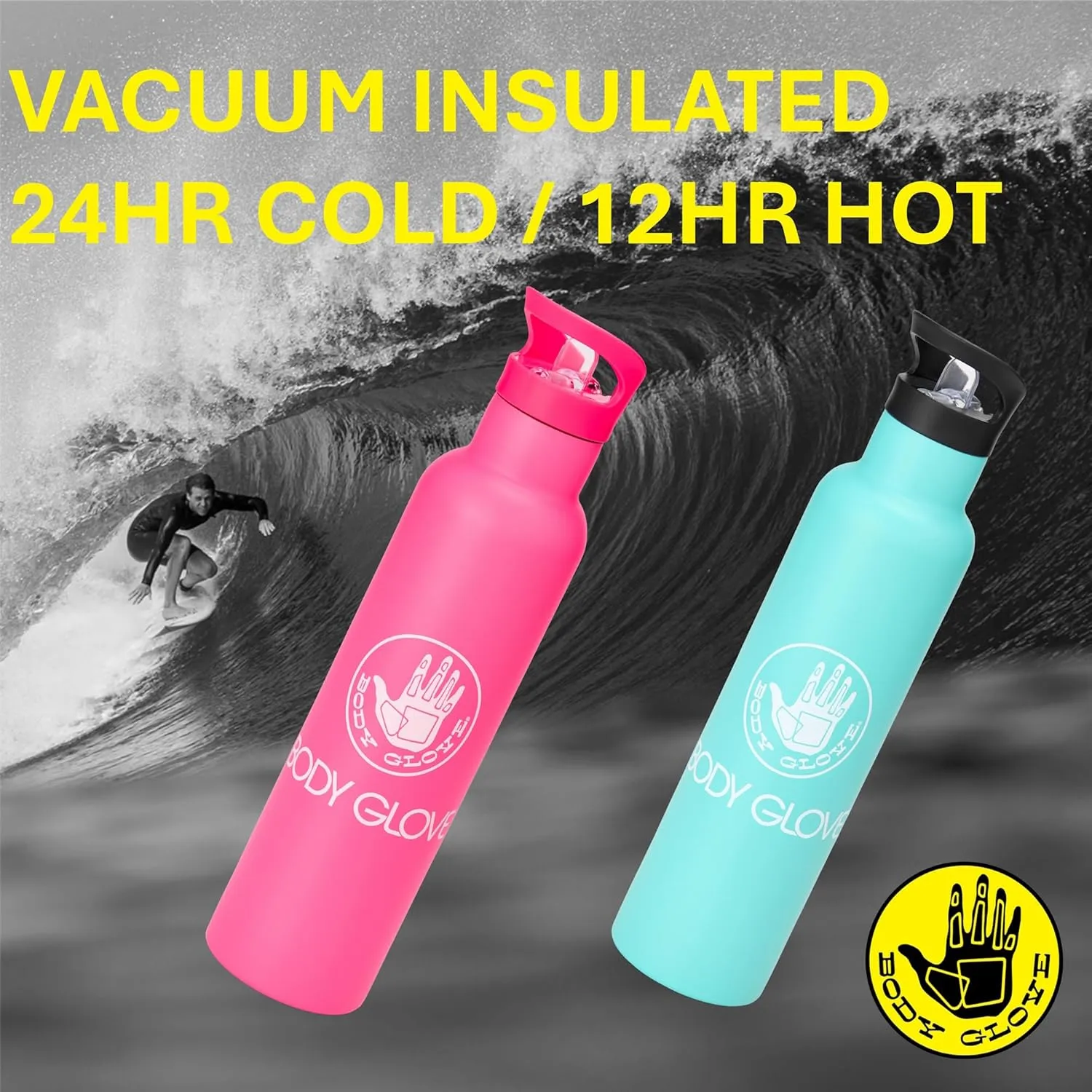 BODY GLOVE 25oz Stainless Steel Vacuum Insulated Water Bottle with Straw and Flip Lid, Thermal Flask for Sports, Work, School (BLACK/25oz)