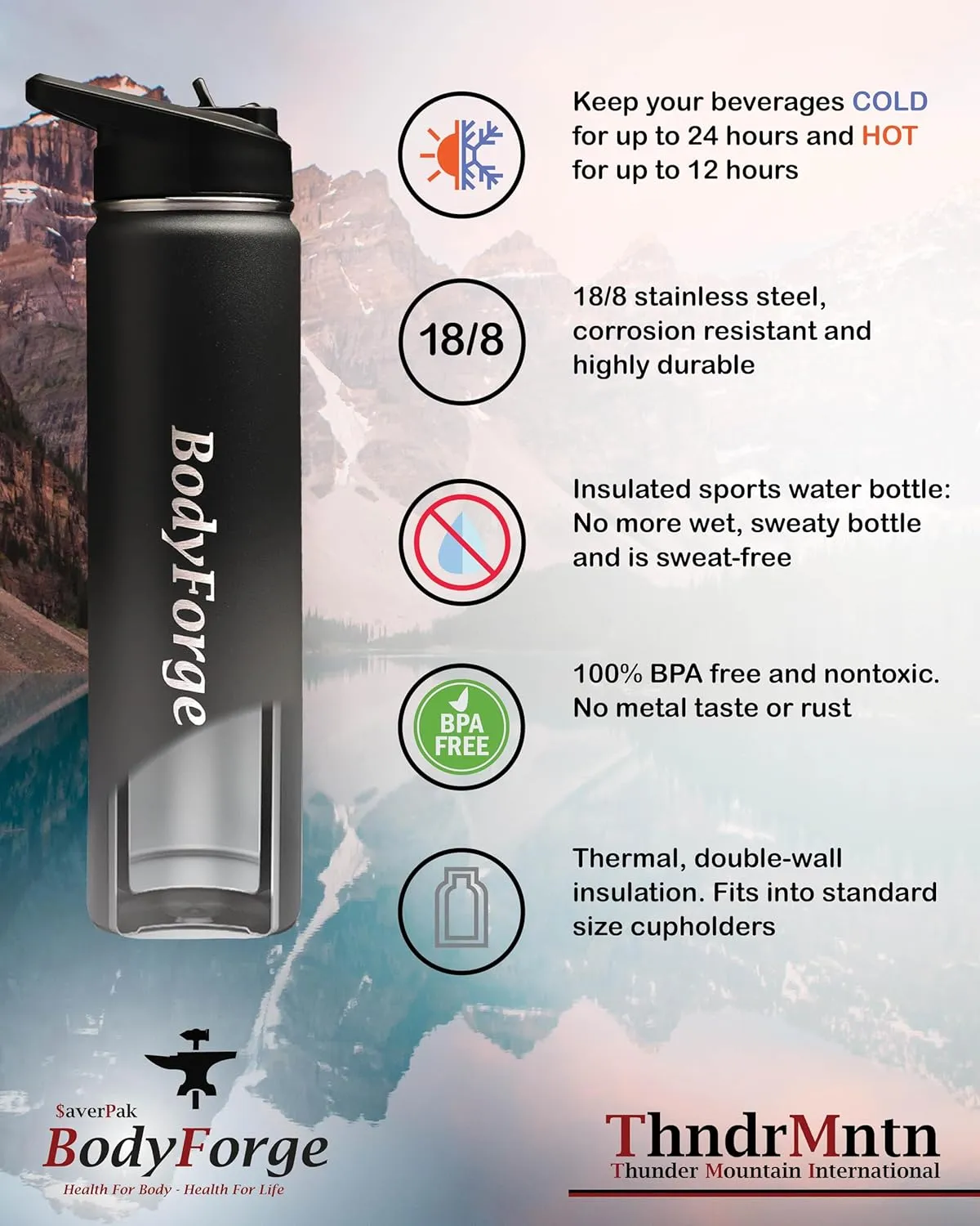 BodyForge Sports Water Bottle - 22oz, 3 Lids & Straw Lid, Leak Proof Stainless Steel Gym & Sport Bottles for Men, Women & Kids - Double Walled, Insulated Thermos, Metal Canteen
