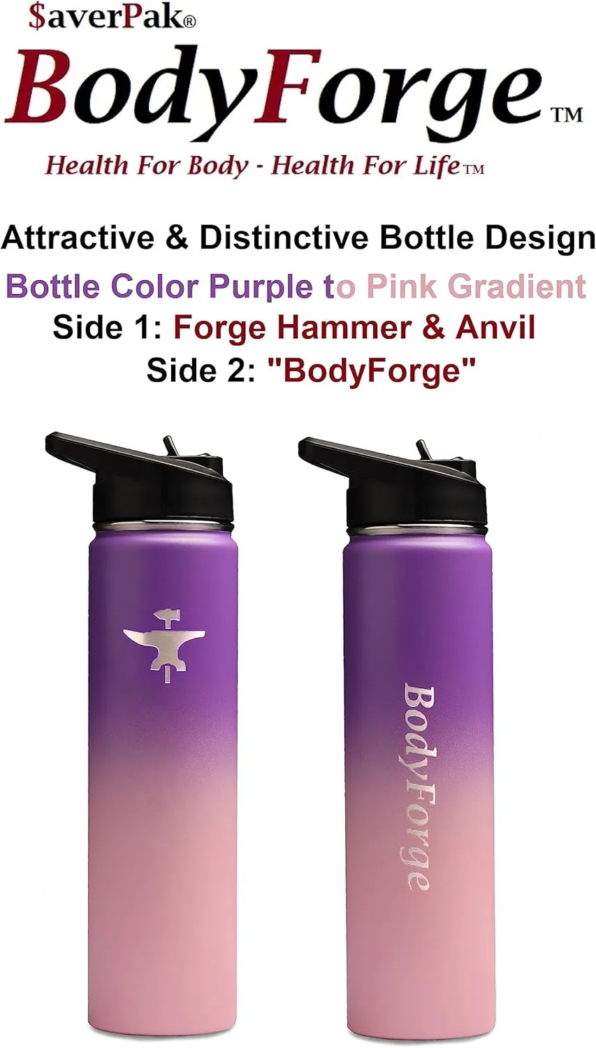 BodyForge Sports Water Bottle - 22oz, 3 Lids & Straw Lid, Leak Proof Stainless Steel Gym & Sport Bottles for Men, Women & Kids - Double Walled, Insulated Thermos, Metal Canteen