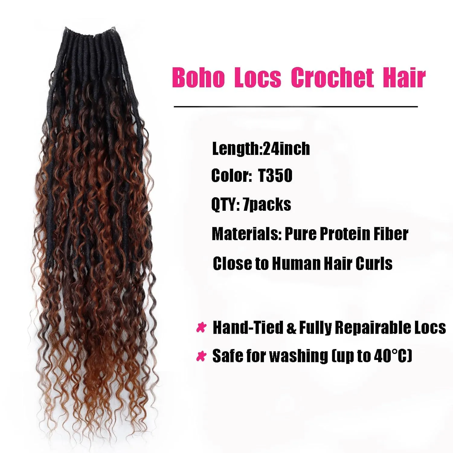 Boho Faux Locs With Curly Pure Protein Fiber Close to Human Hair Curls 24 Inch Pre-Looped Crochet Goddess Faux Locs Bohemian Loc Crochet Hair For Women(24Inch T350)
