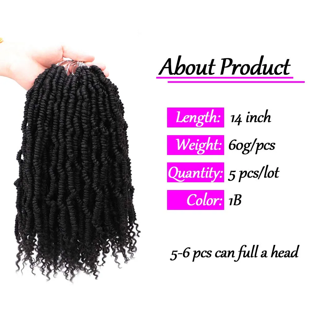 Bomb Twist Crochet Hair 5 Packs Spring Twist Hair 14 Inch Pretwisted Braids Mini Passion Twist Crochet Hair Senegalese Synthetic Kinky Braiding Hair Extension for Women(18Strands/Pack, 1B#)