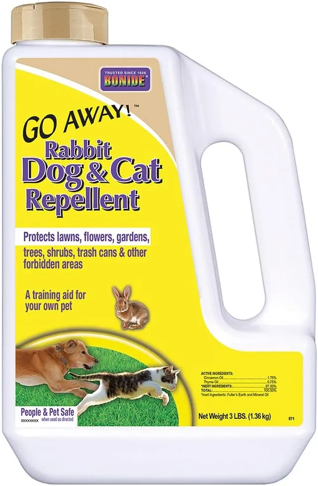 Bonide Go Away! Rabbit, Dog, & Cat Repellent Granules, 3 lbs Ready-to-Use, Keep Dogs off Lawn, Garden, Mulch & Flower Beds