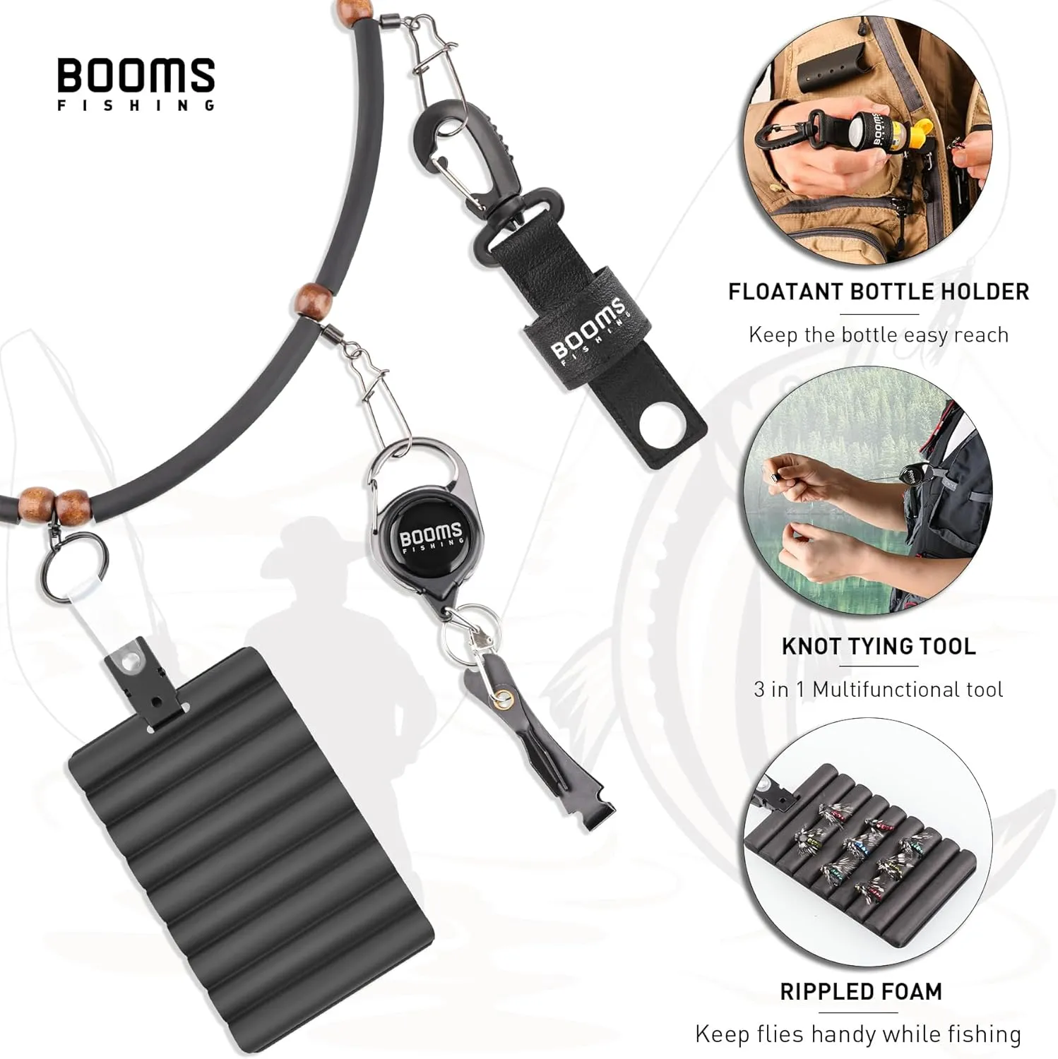 Booms Fishing FF4 6 PCS Fly Fishing Tools Kit, Fly Fishing Lanyard Necklace and Zinger Retractor, Fly Fishing Bottle Holder, Fly Fishing Tippet Spool Holder, Hook Remover Forceps,Rippled Foam